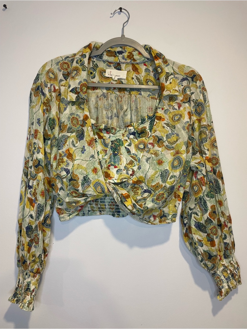 Anthropologie Floral Twist-Front Cropped Blouse - Yellow Green Blue